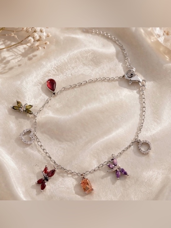 Jewelry - Silver Charm Bracelet w/ Gemstone Drops & Butterfly Accents